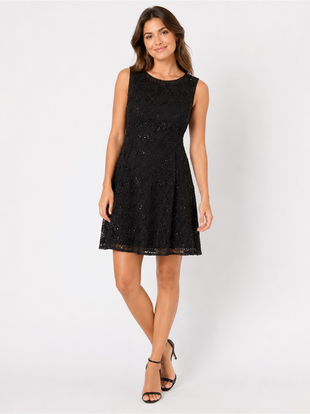 Adrianna Papell Evening Black Beaded Lace Sheath Dress Size 12
